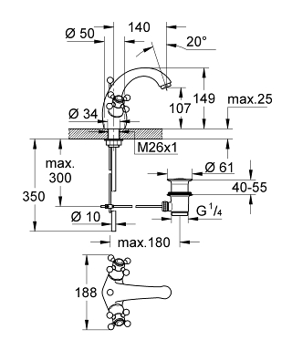Смеситель для раковины на одно отверстие, GROHE Sinfonia хром/золото