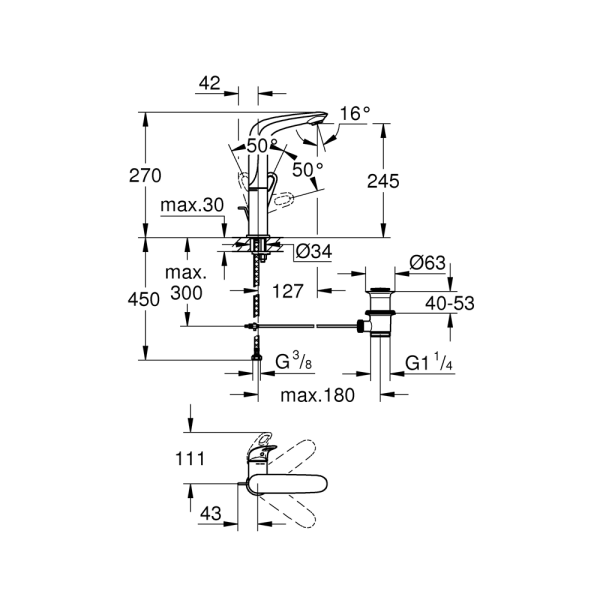 Смеситель для раковины GROHE Eurostyle new с донным клапаном и высоким изливом, хром