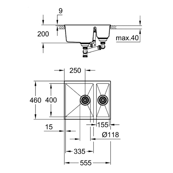 Мойка GROHE K500 с 1,5 чашей, 555 x 460 мм, черный гранит (31648AP0)