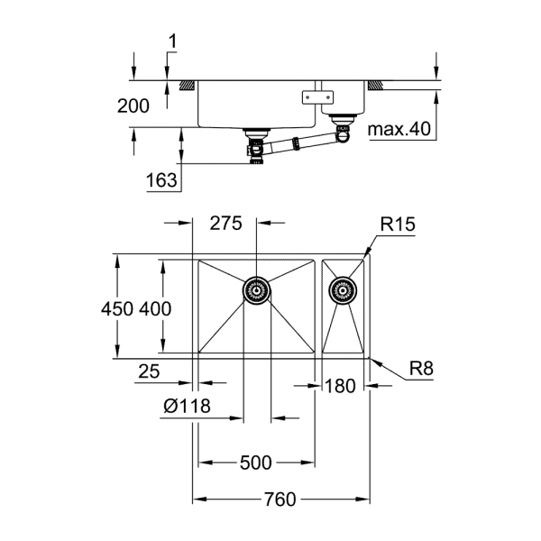 Мойка GROHE K700U 80-S 76/45 1.5 lh Undermount, нержавеющая сталь (31575SD1)