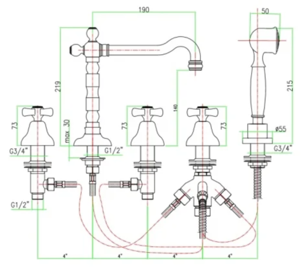 Смеситель для ванны на 5 отверстие Fiore Margot26ZZ0607