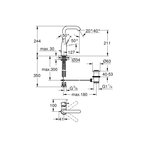 Смеситель для раковины GROHE Essence+ с донным клапаном и средним изливом, хром