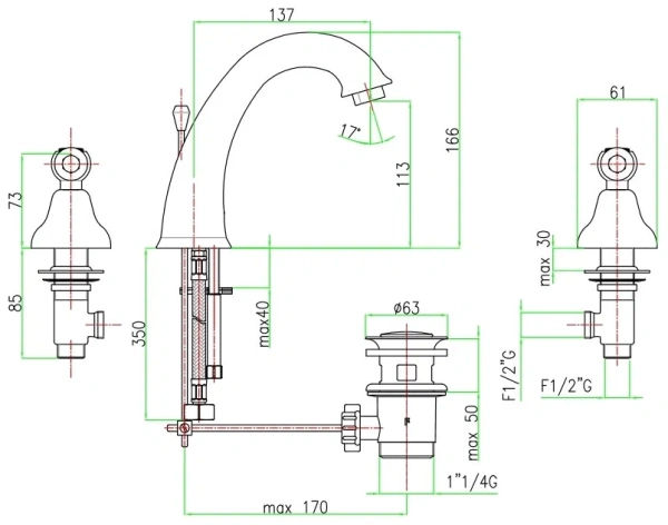 Смеситель для раковины на 3 отверстие Fiore22OO0628