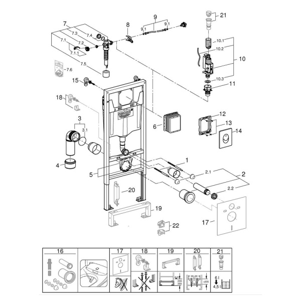 Инсталляция для унитаза GROHE Rapid SL с панелью смыва Skate Air (3 режима), (1,13 м) (38721001)