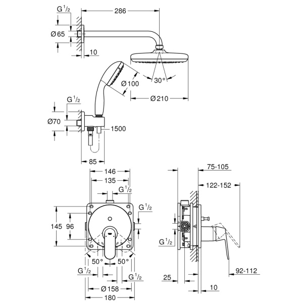 Набор для душа, GROHE Eurosmart Cosmopolitan, с верхним душем Tempesta 210, хром, (25219001)
