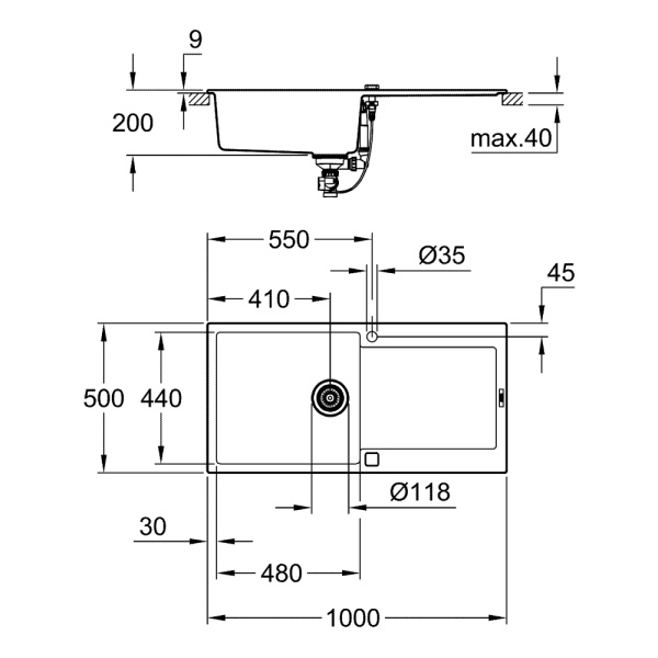 Мойка GROHE K500 с одной чашей, 1000 x 500 мм, серый гранит (31645AT0)