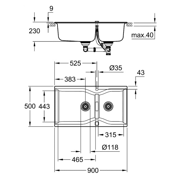 Мойка GROHE K700 с 2 чашами, 900 x 500 мм, серый гранит (31658AT0)