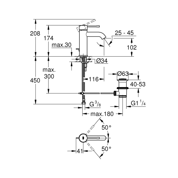 Смеситель для раковины GROHE Essence+ с низким изливом и донным клапаном, хром