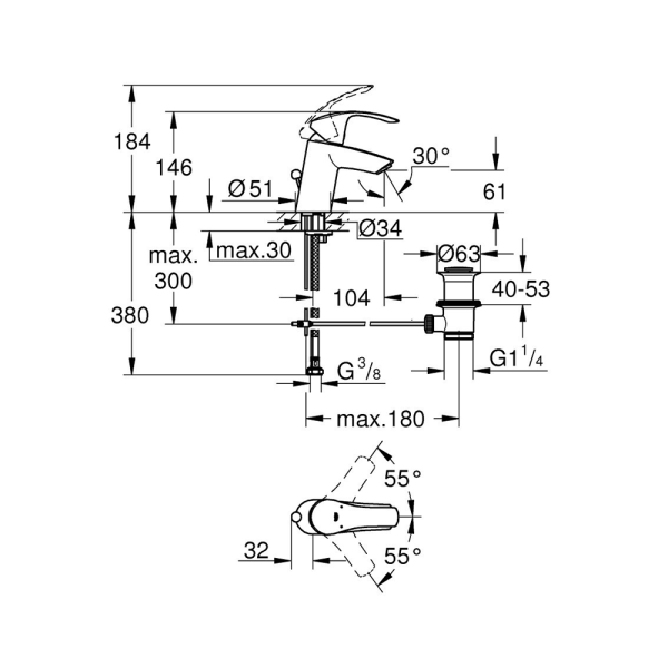 Смеситель для раковины GROHE Eurosmart New с донным клапаном, размер S, хром