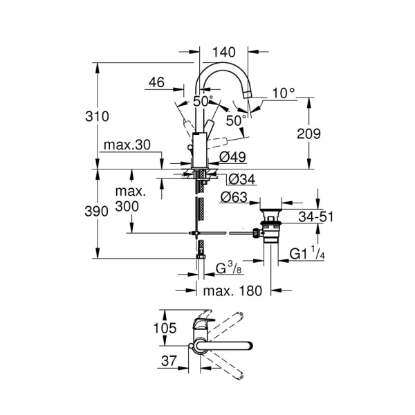 Смеситель для раковины GROHE BauFlow с донным клапаном, L-Size, хром