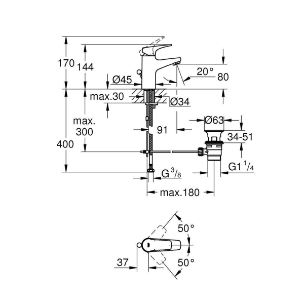 Смеситель для раковины GROHE BauFlow с донным клапаном, S-Size, хром
